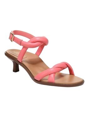 Vionic Angelica Shell Pink Leather Buckle Up Heeled Braided Sandals, size 6.5